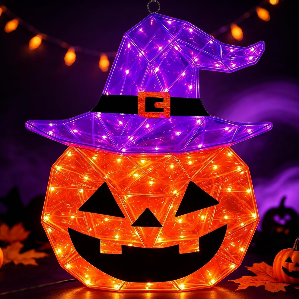 Mairekajie 24 Inch Pre-Lit Halloween Pumpkin with Purple Witch Hat / Pre-Lit jack-o'-lantern with 85 LED