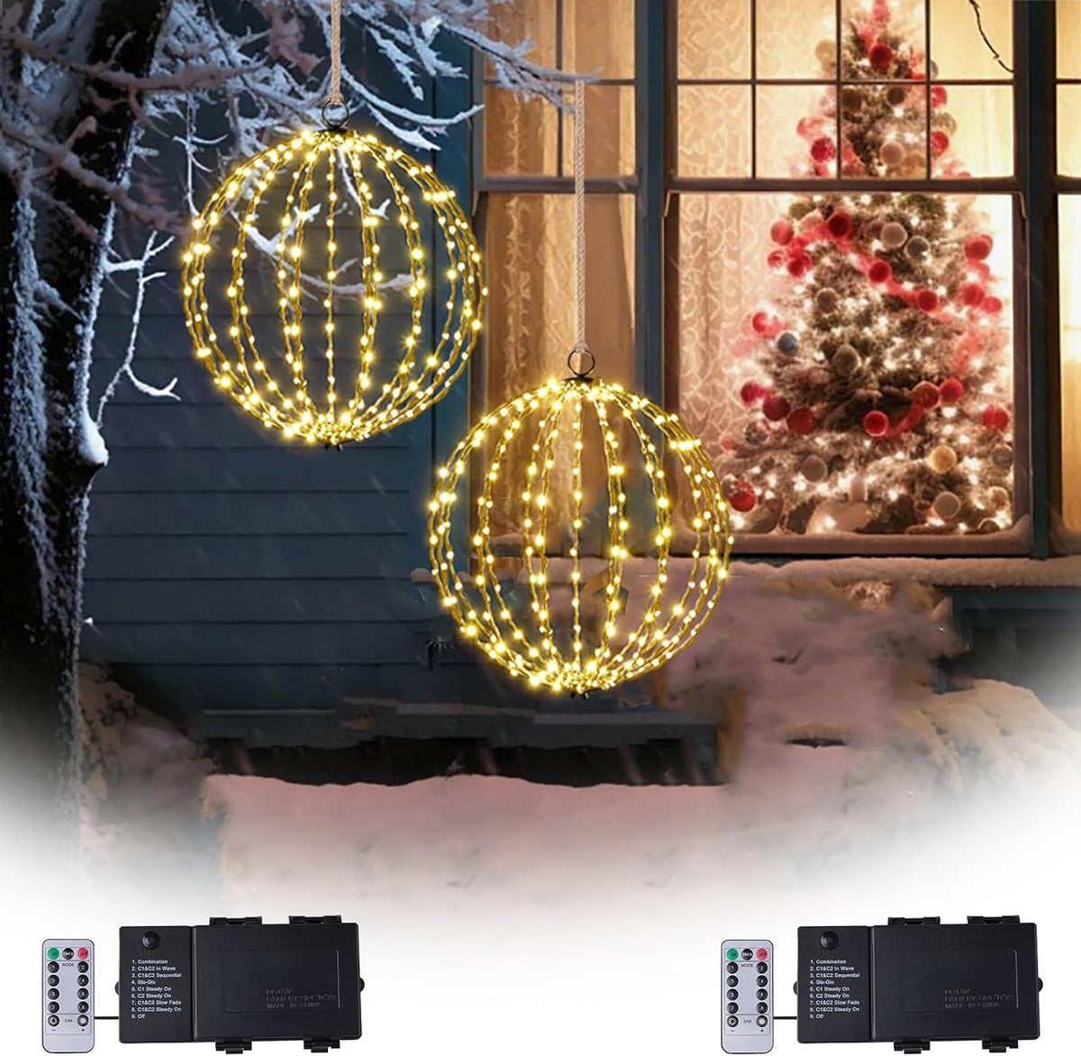 Outdoor Christmas Lights Balls, Prelit Ball Battery Operated, 16” Large Globe Christmas Decoration, 208 LED