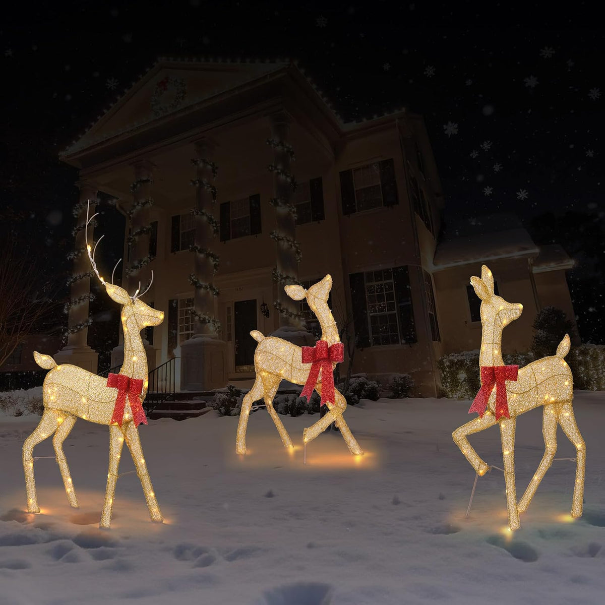 2D Lighted Reindeer Christmas Decorations Outdoor - Large 4FT Gold Deer Family Set with 115 LED Lights -