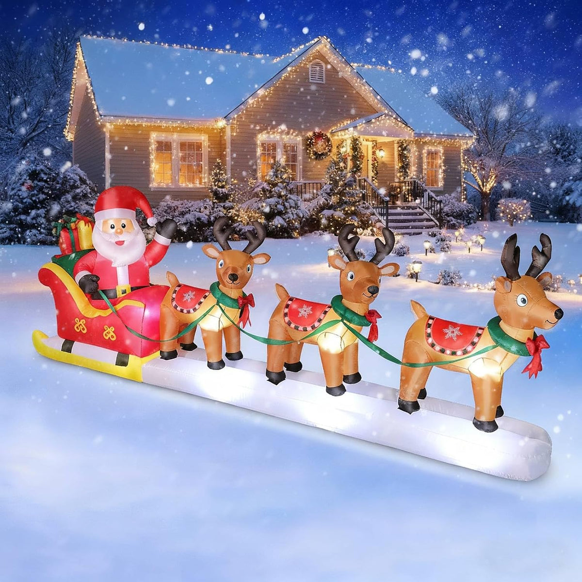 FunFanso 12 FT Christmas Inflatables Santa Claus on Sleigh with 3 Reindeers, Blow Up Outdoor Decorations with