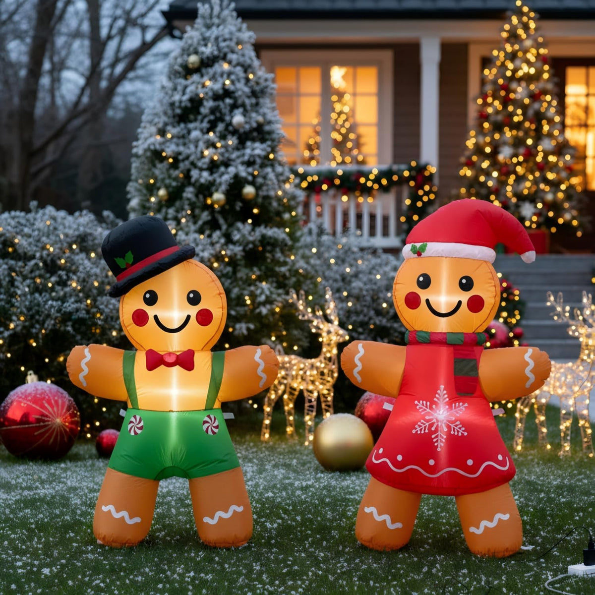 Soulchen 2 Pcs 4 ft Christmas Gingerbread Man Inflatable Decorations Blow up Gingerbread Man Couple with