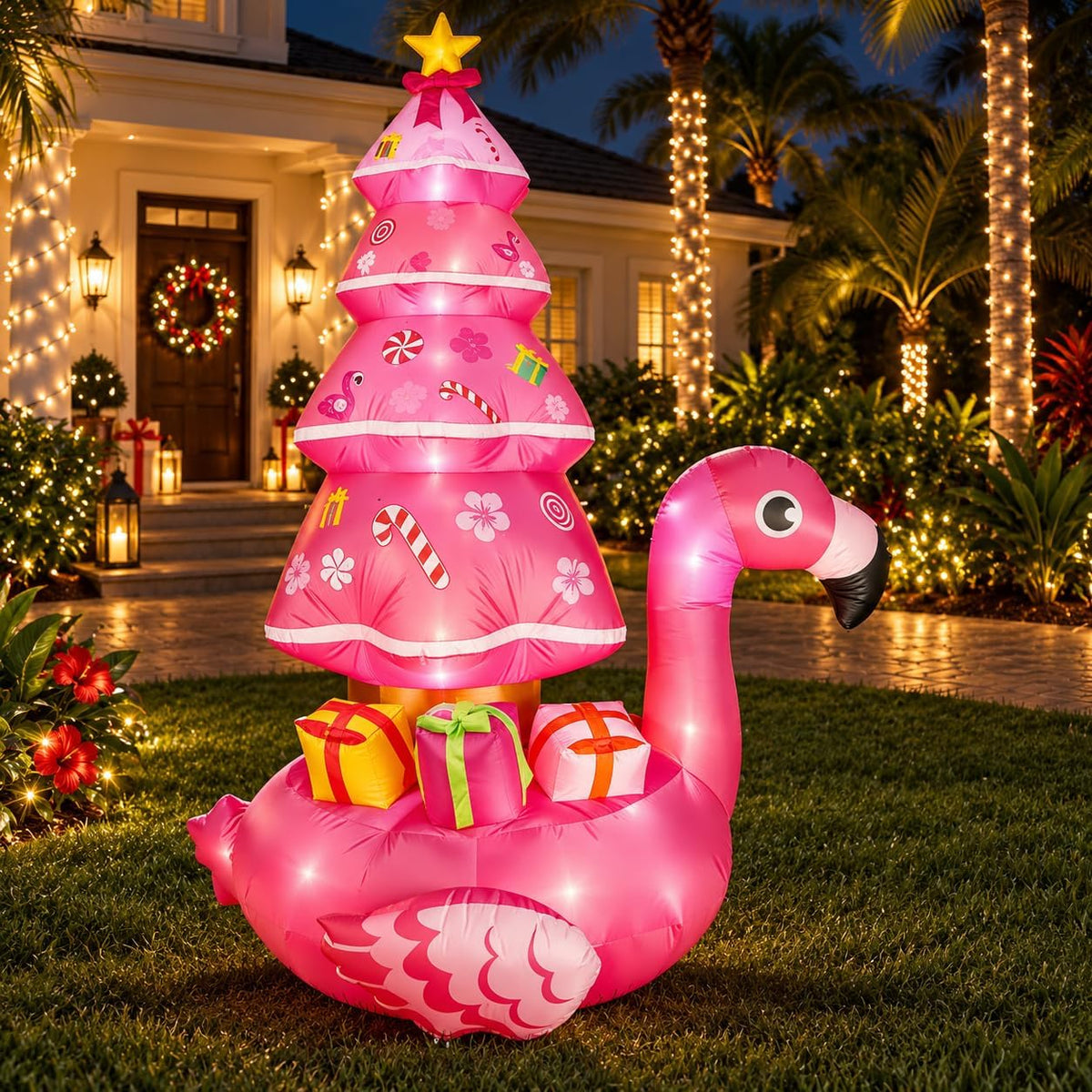 7 FT Pink Flamingo Christmas Inflatable Outdoor Decoration with Built-in LED Lights, Tropical Christmas Tre