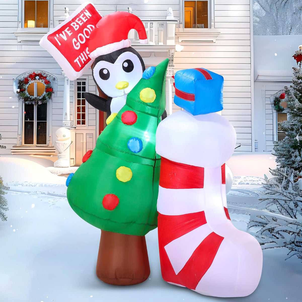 Joiedomi 5 FT Tall Christmas Tree Inflatable Outdoor Decorations, Inflatable Penguin with Stocking Christmas