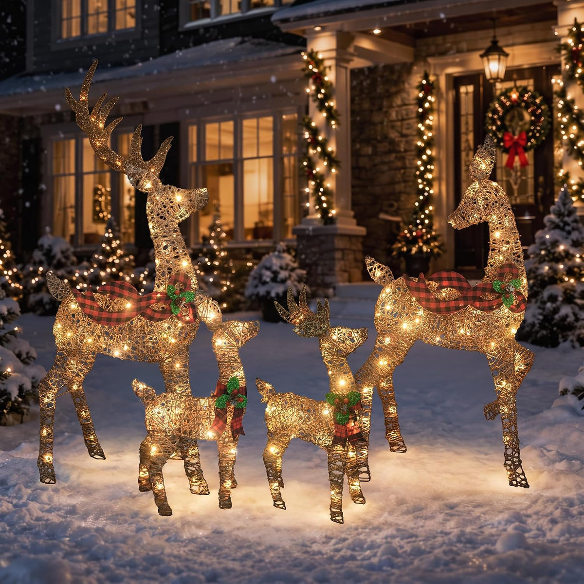 4-Piece 3D Lighted Christmas Deer Family Outdoor Decorations, Large Gold Rattan-Look Reindeer Set with 188 Warm White Ligh...
