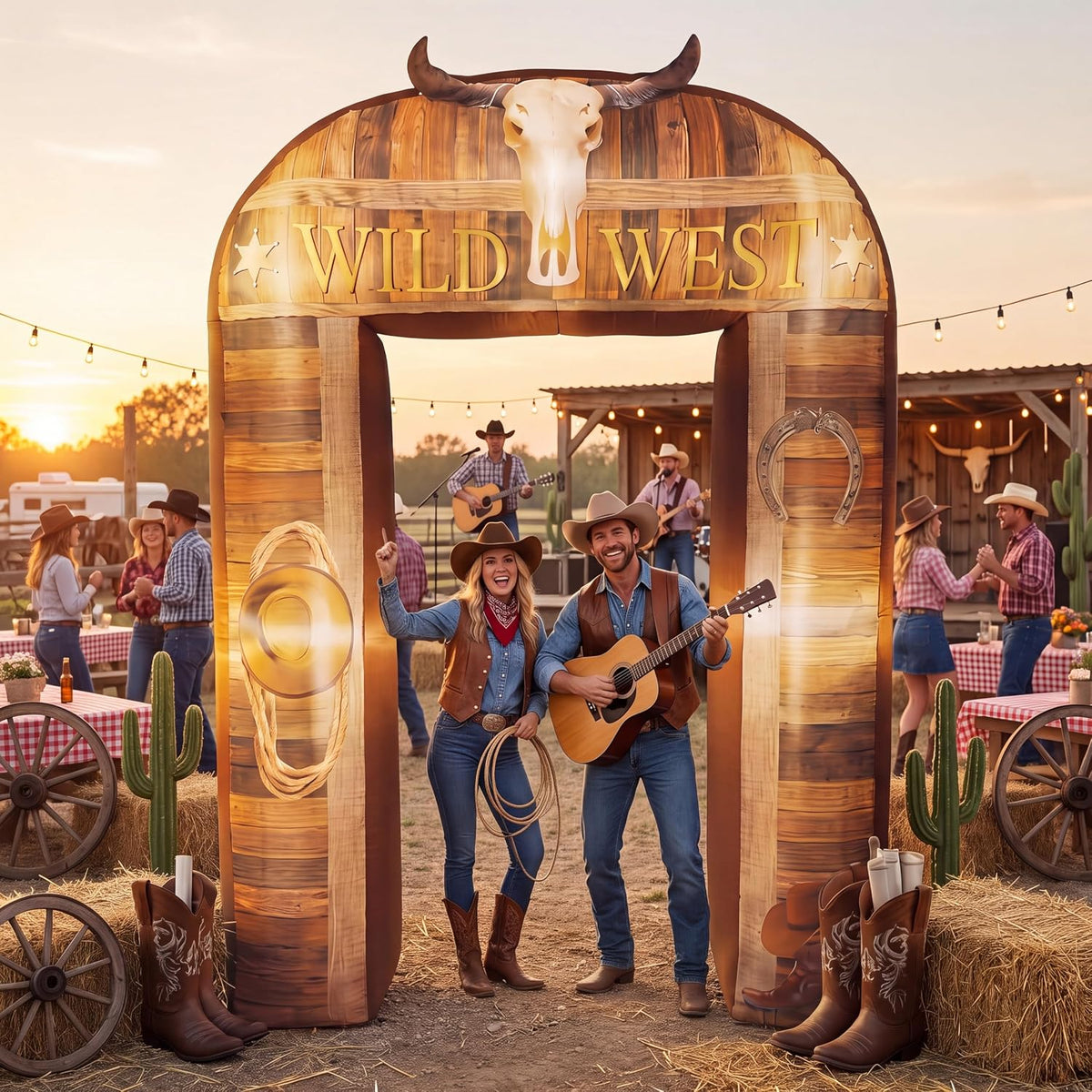 Soulchen 8.2 ft Wild West Inflatable Archway Decorations Western Cowboy Party Archway Built-in LED Lights for